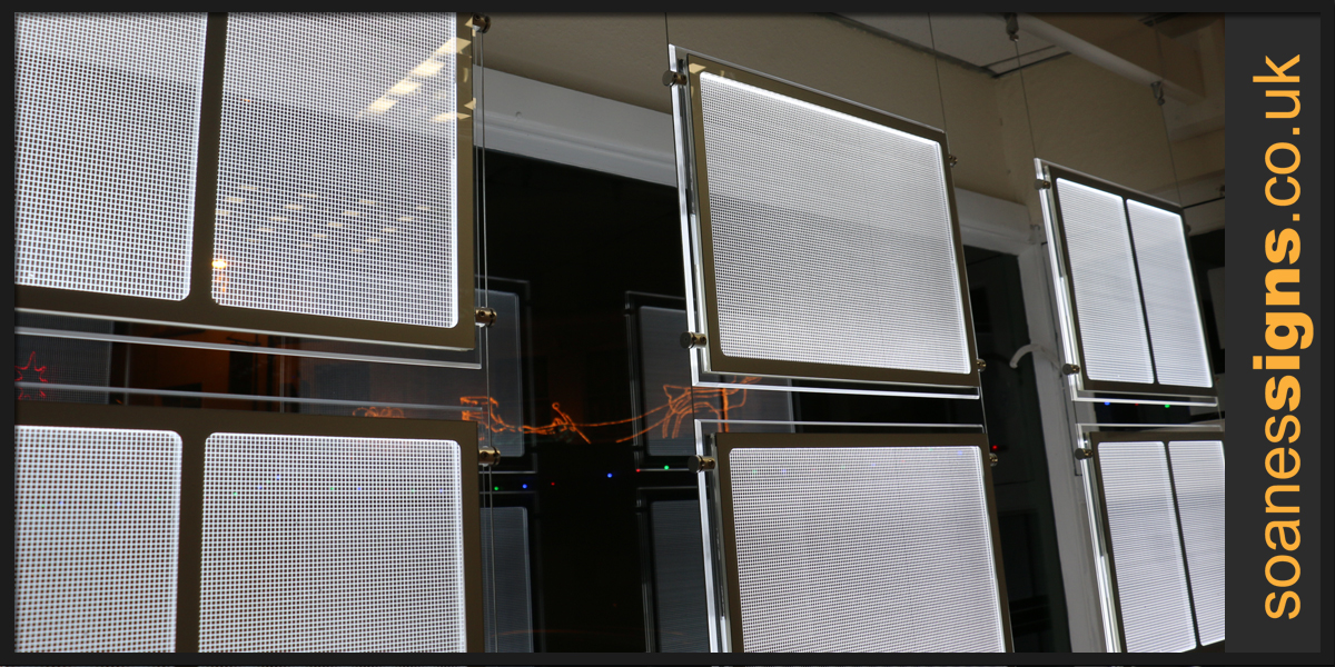 Backlit LED window pocket displays for Acorn Properties estate agents sales and lettings portfolio, twenty eight panels installed over three window bays