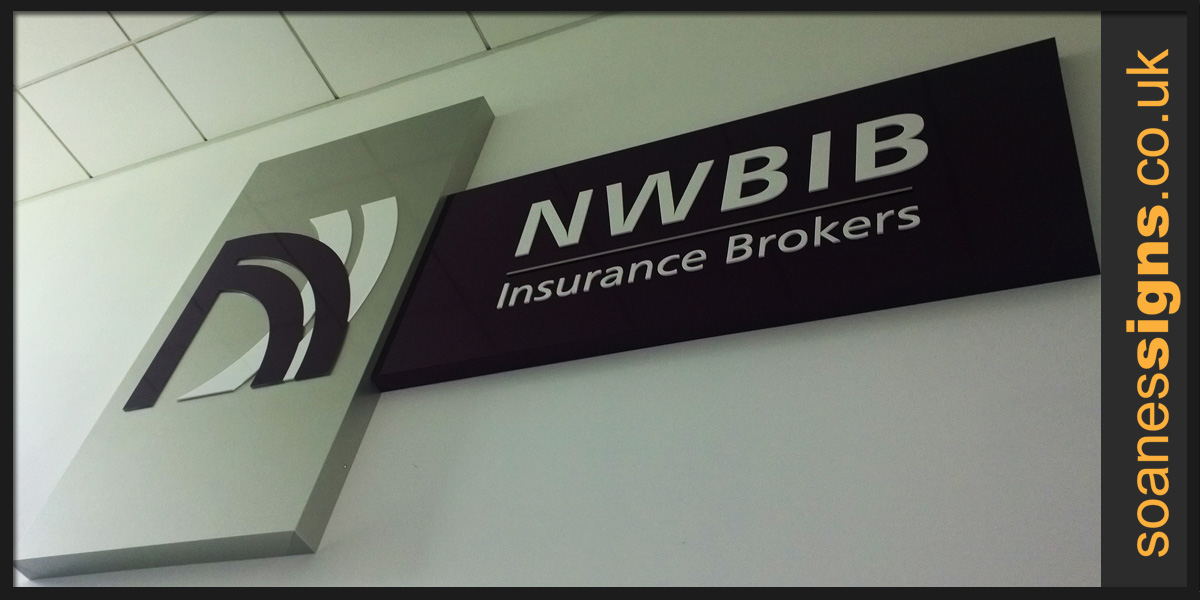 Composite panel pans with shape cut acrylic lettering and logo branding for internal NWBIB Insurance Brokers stairwell sign