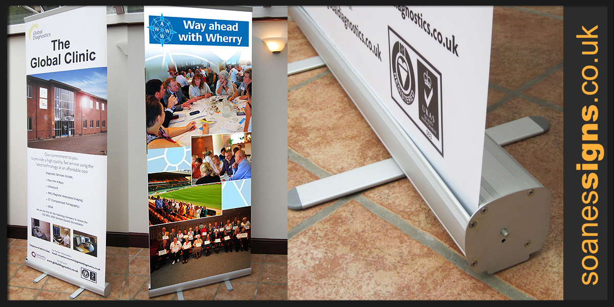 Design and print of pop up roller banners for internal advertising, receptions, exhibitions and events