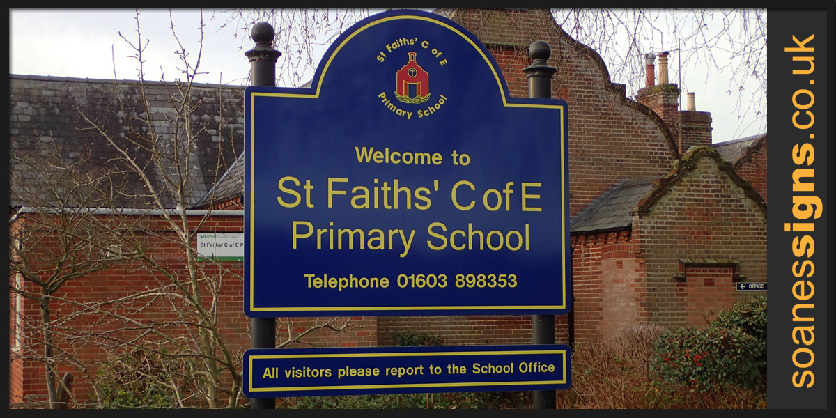 Entrance post mounted aluminium double panel entrance sign with printed and applied graphics for St Faiths’ Church of England Primary School