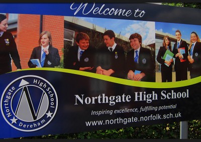 Entrance post mounted printed graphic sign for Dereham Northgate High School