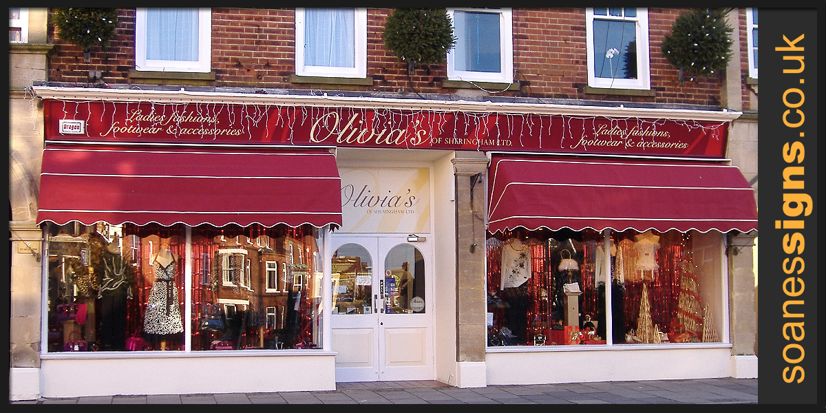 Facia sign and over-door printed graphic for Olivia's of Sheringham