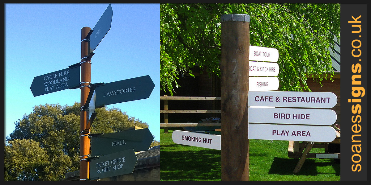 Finger post directional signs with timber or aluminium posts, designed with as many indicated positions as required