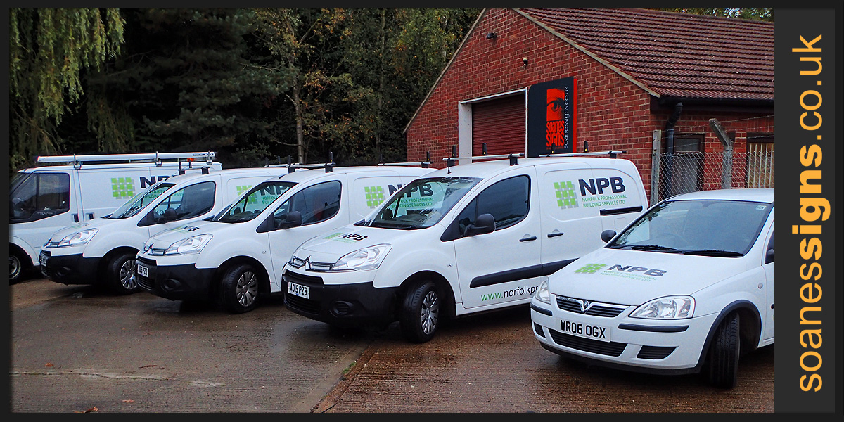 Fleet vans with printed and cut vinyl vehicle graphics on Vauxhall Corsas, Ford Transit and Citroen Berlingo's for NPB Norfolk Professional Building Services