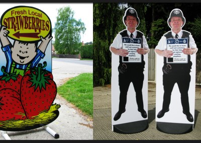 Free standing shape cut pavement and street signs with digital prints provide a quirky alternative