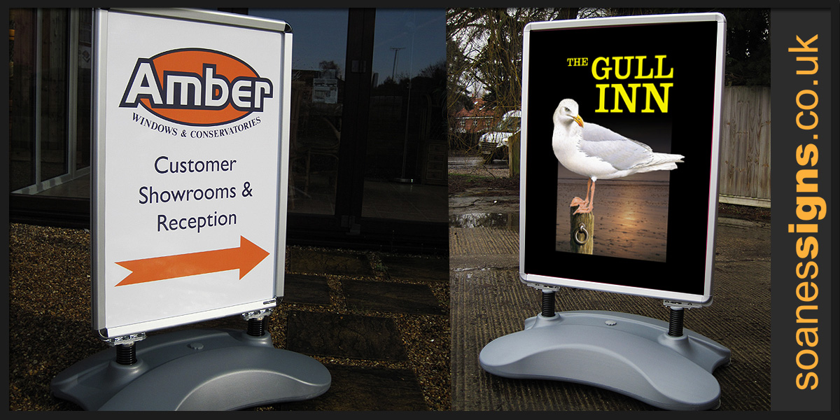 Heavy duty water filled based clip frames with digital prints, sprung dampening provides improved outdoor performance