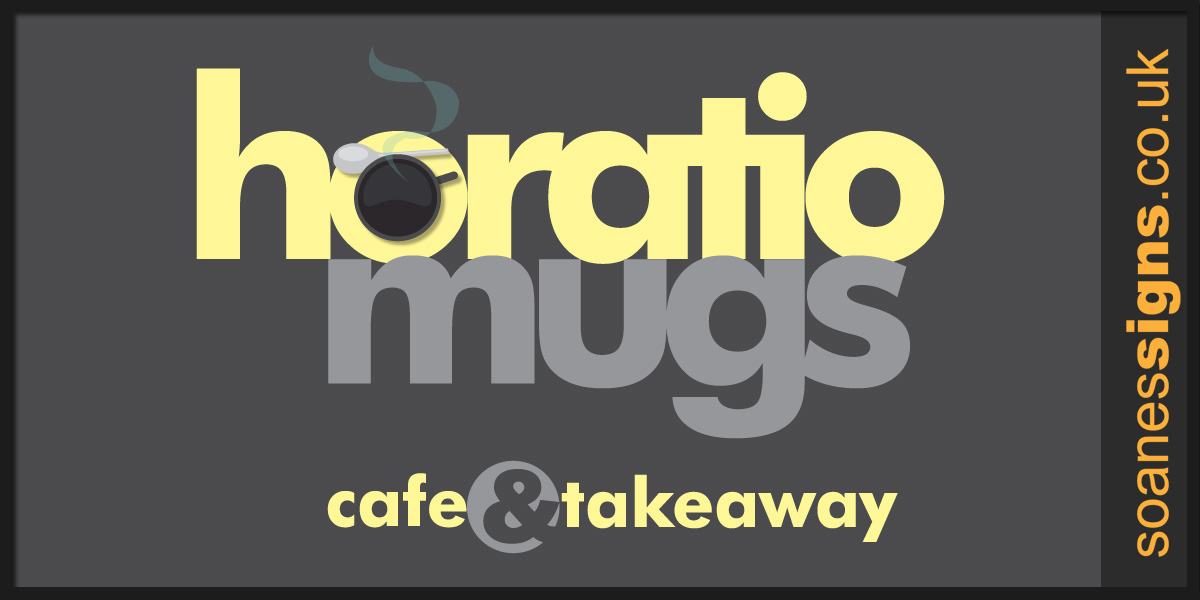 Horatio Mugs Café and Takeaway branding logo used across a variety of media including shop signs