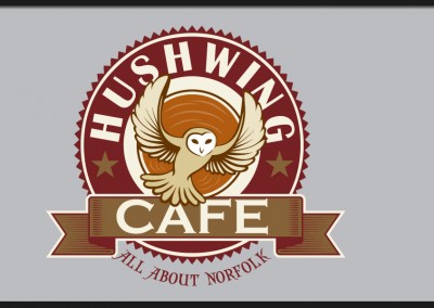 Hushwing Café logo design, used on signage including street signage swinger panels