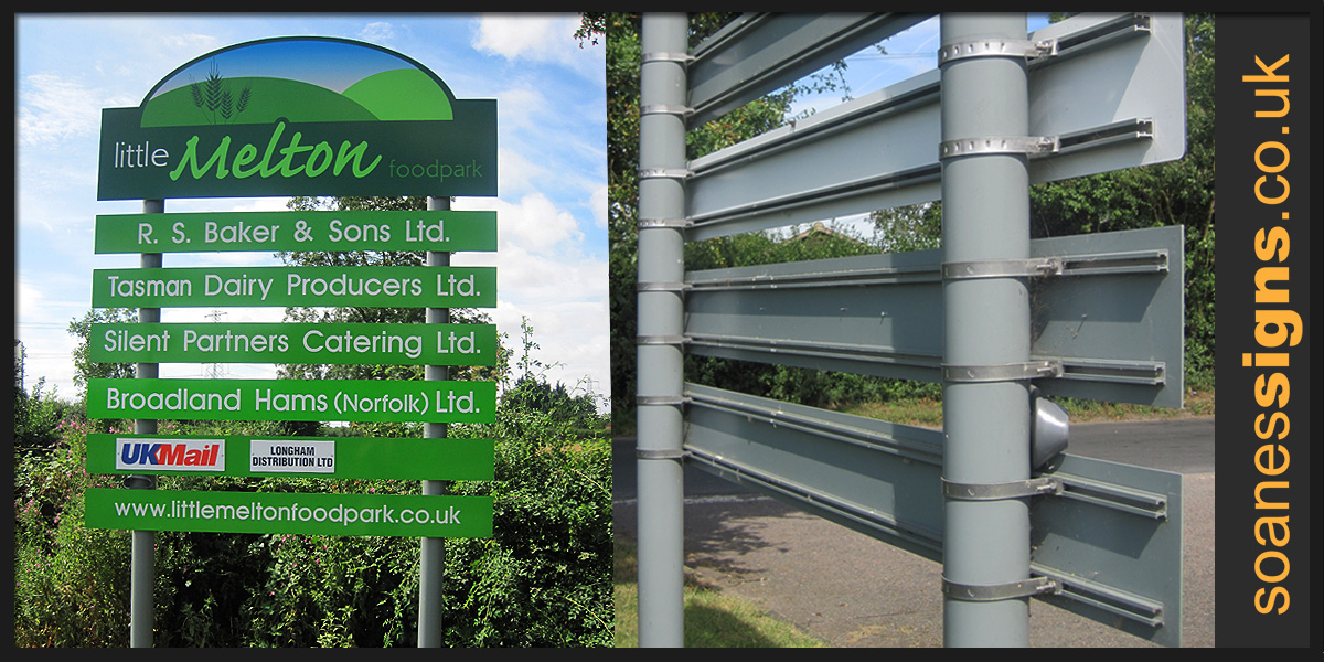 Post and rail directory sign with aluminium powder coated panels and printed and applied graphics for Little Melton food-park