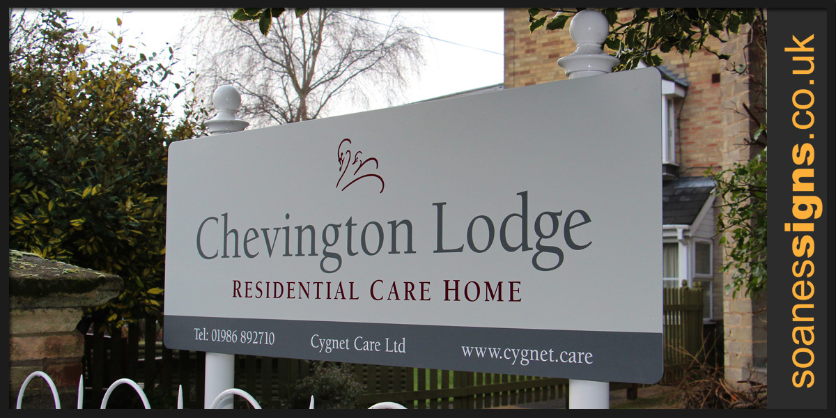 Powder coated aluminium post mounted sign with vinyl graphics applied to the panel for Cygnet Care Chevington Lodge