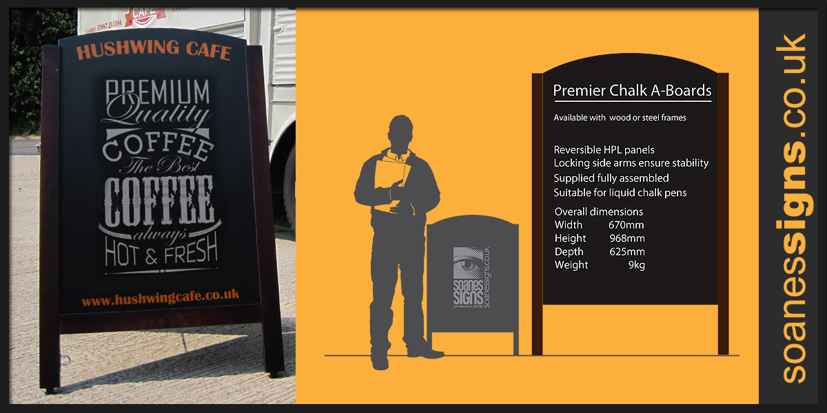 Premier chalk boards with wooden or metal frames provide a facility for regular changing messages and offers or a more traditional street sign design