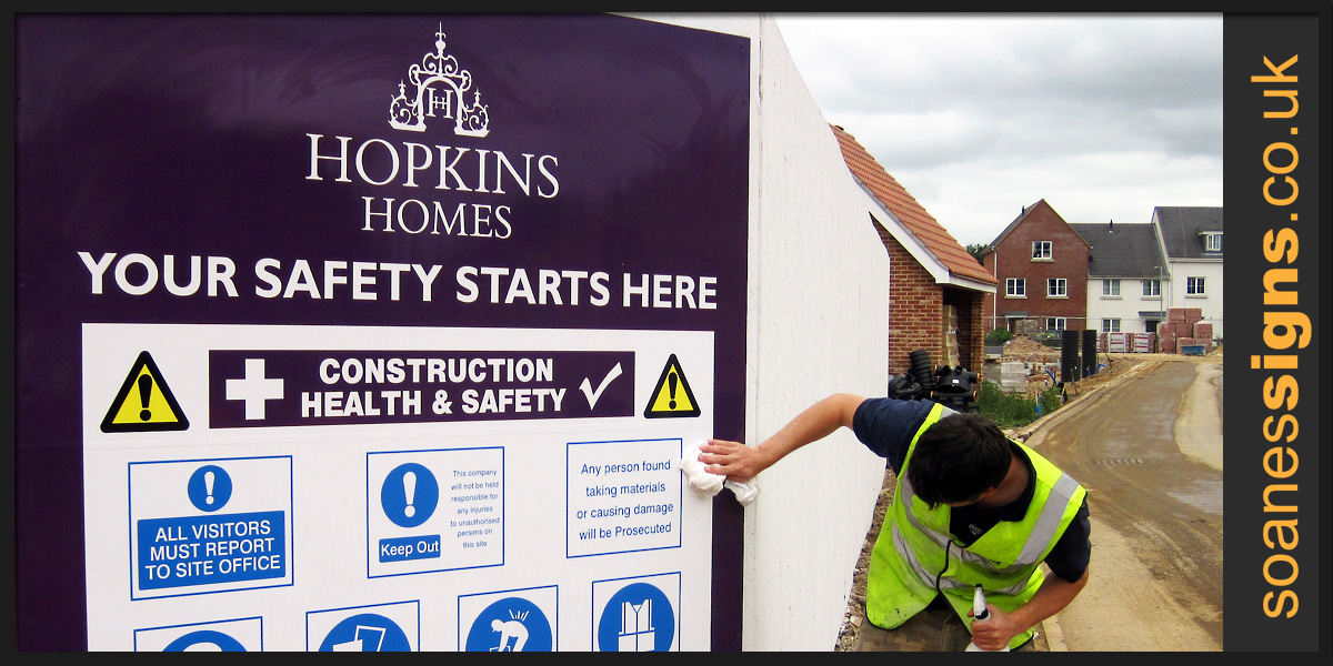Printed graphic panel for Hopkins Homes health and safety construction site sign