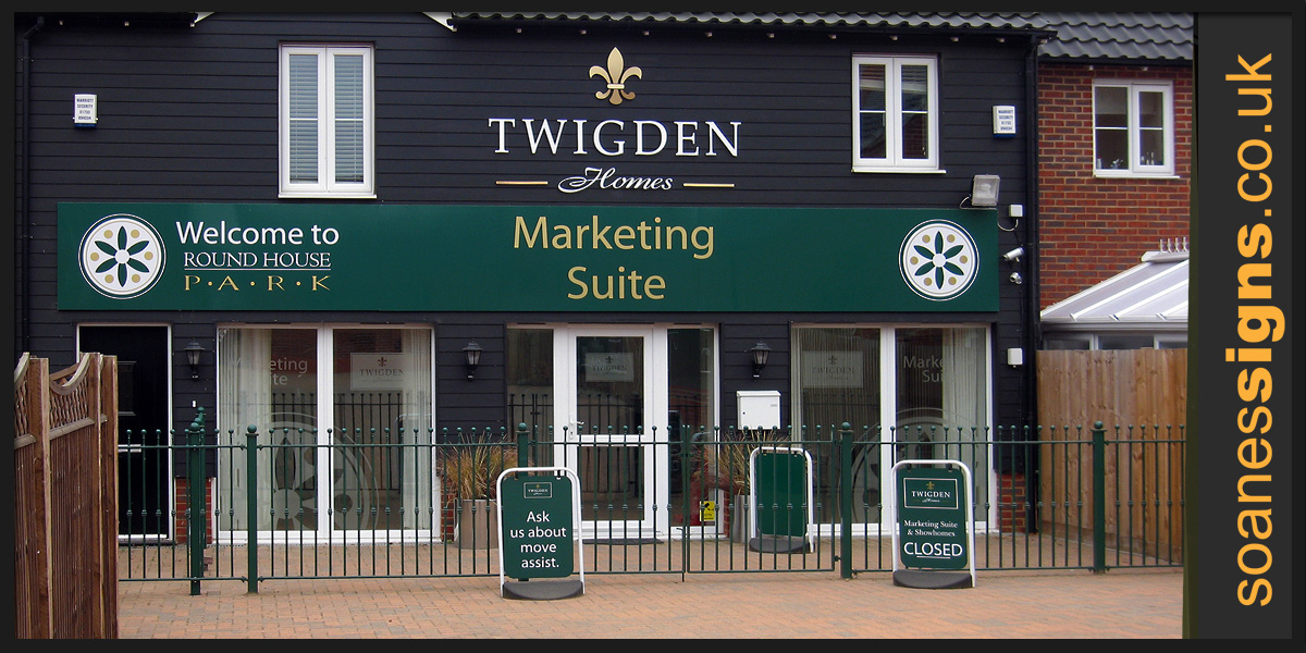 Printed graphic panels, pavement swinger signs with shape cut acrylic lettering for Twigden Homes marketing suite