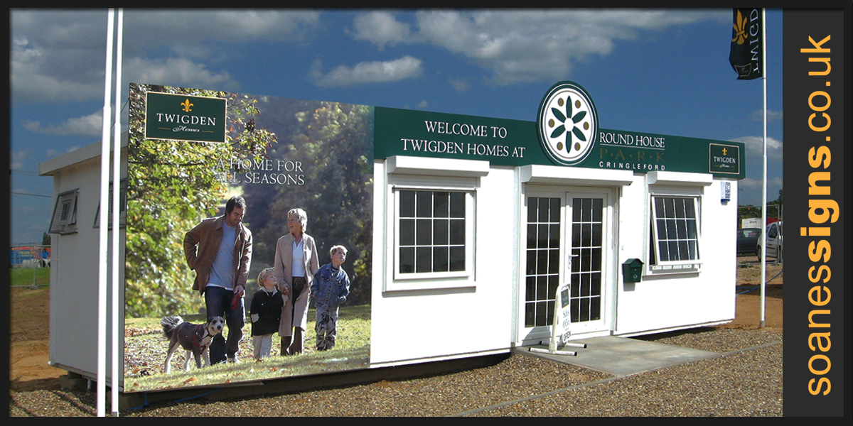 Printed graphic panels with shape cut header panel for Twigden Homes sales office mobile unit