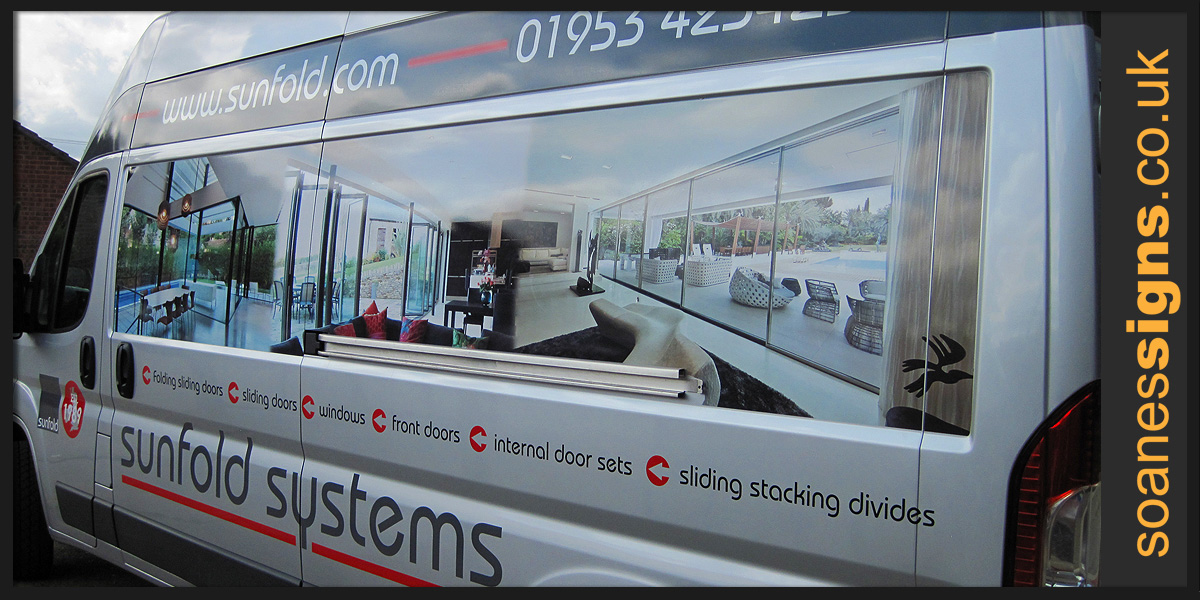 Printed photos on vinyl, reflective, and cut vinyl graphics with design for Sunfold Systems Citroen Relay installation van