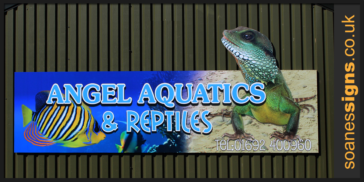 Printed vinyl applied to shape cut panel for Angel Aquatics and Reptiles for commercial premises