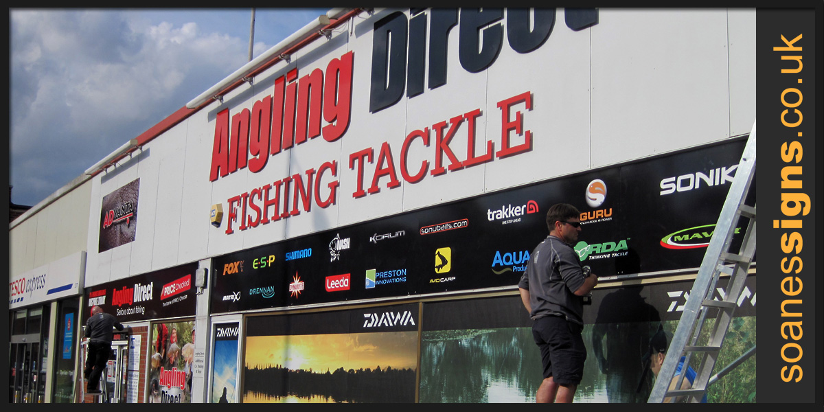 Printed vinyl graphics applied to panels along with shape cut acrylic lettering on off-stands to Anglia Direct Fishing Tackle shop