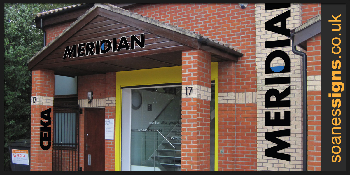 Shape cut acrylic lettering to building front, brick and timber connection with vinyl graphics applied to glazed doors and screen for Meridian Interiors