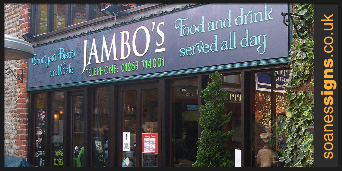 Shop front facia panels with printed graphic applied for Jambo's Courtyard Bistro and Cafe
