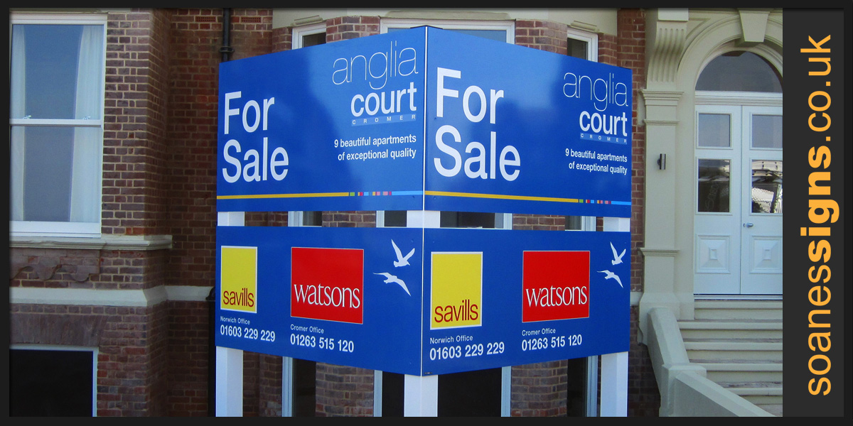 Triangular post mounted sign with printed graphics for Anglia Court property