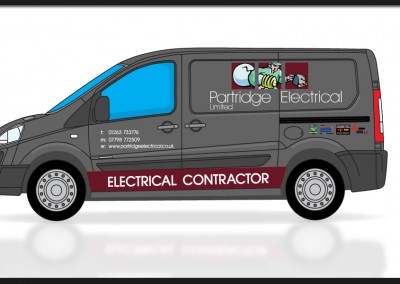 Vehicle design layout for printed and vinyl brand graphics for Partridge Electrical electrical contractor van