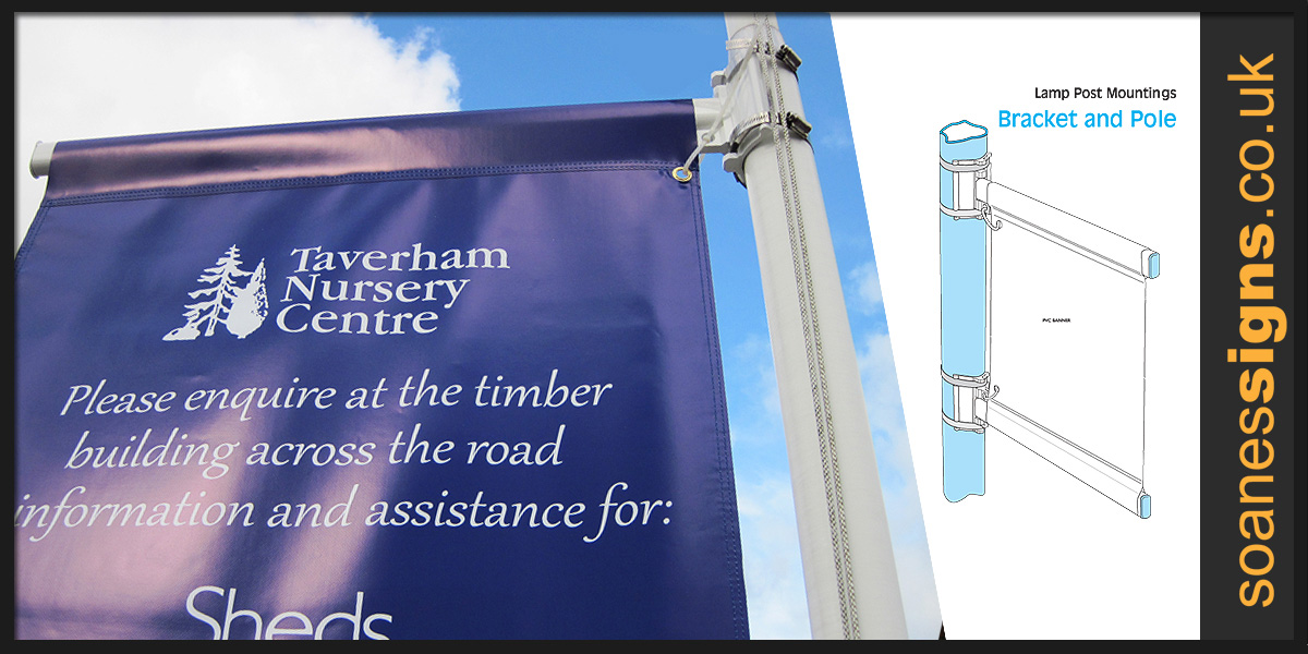 Vertical hanging double sided printed banner on bracket and pole system for Taverham Garden Centre