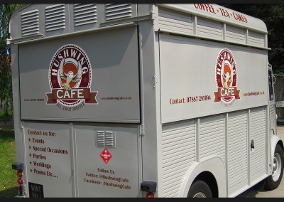 Vinyl print and branding vehicle graphics for Hushwings Cafe mobile catering vehicle