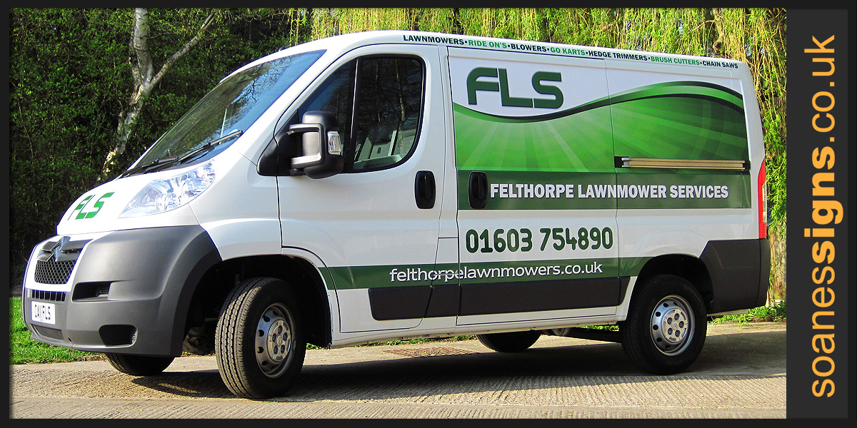 Vinyl printed and cute vehicle graphics applied to Felthorpe Lawnmower Services Citroen van