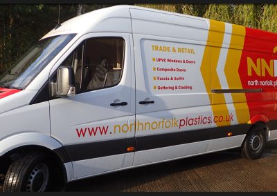 Coloured vinyl partial wrap to the rear panels, back doors and bonnet of North Norfolk Plastics with supporting vinyl graphics