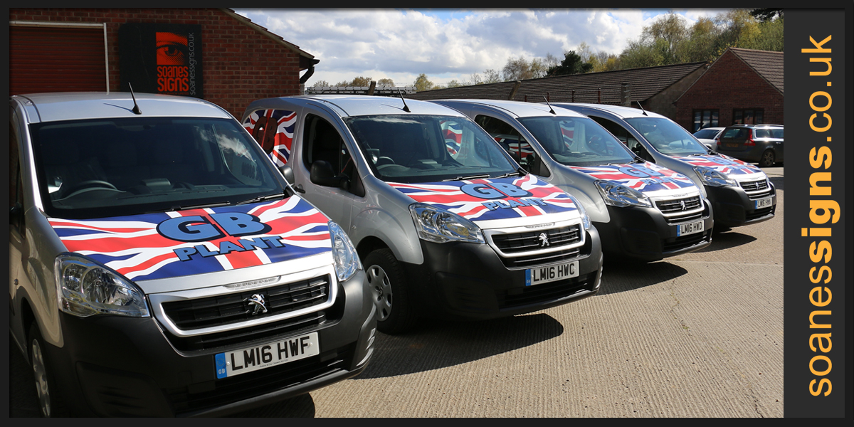 Fleet vans with printed and cut vinyl vehicle graphics on Peugeot Partner for GB Plant