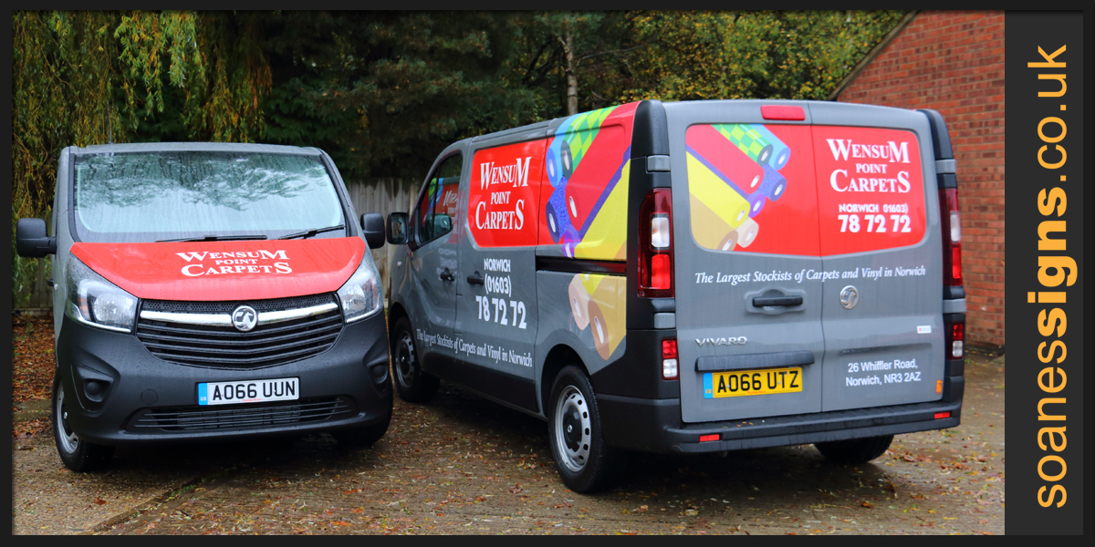 Vinyl print and wrap to the rear panels and back doors of Wensum Carpets Vauxhall Vivaro with supporting vinyl brand graphics